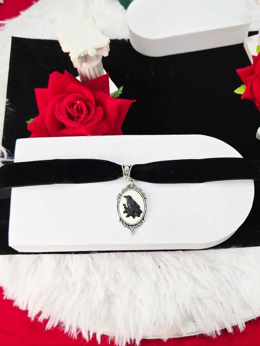 Dark Romance Raven Cameo Choker Black Velvet Gothic Glam Elegance Crow Necklace